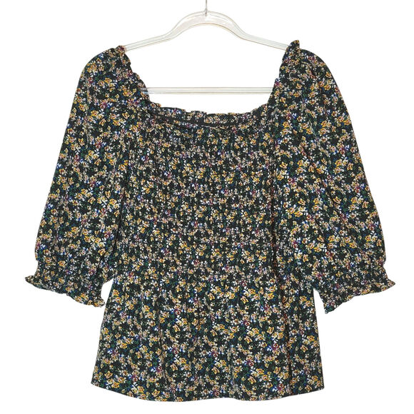 Max Studio Floral Peplum Top Blouse Smocked Blue Pink Yellow Boho Cottagecore L - Picture 12 of 12